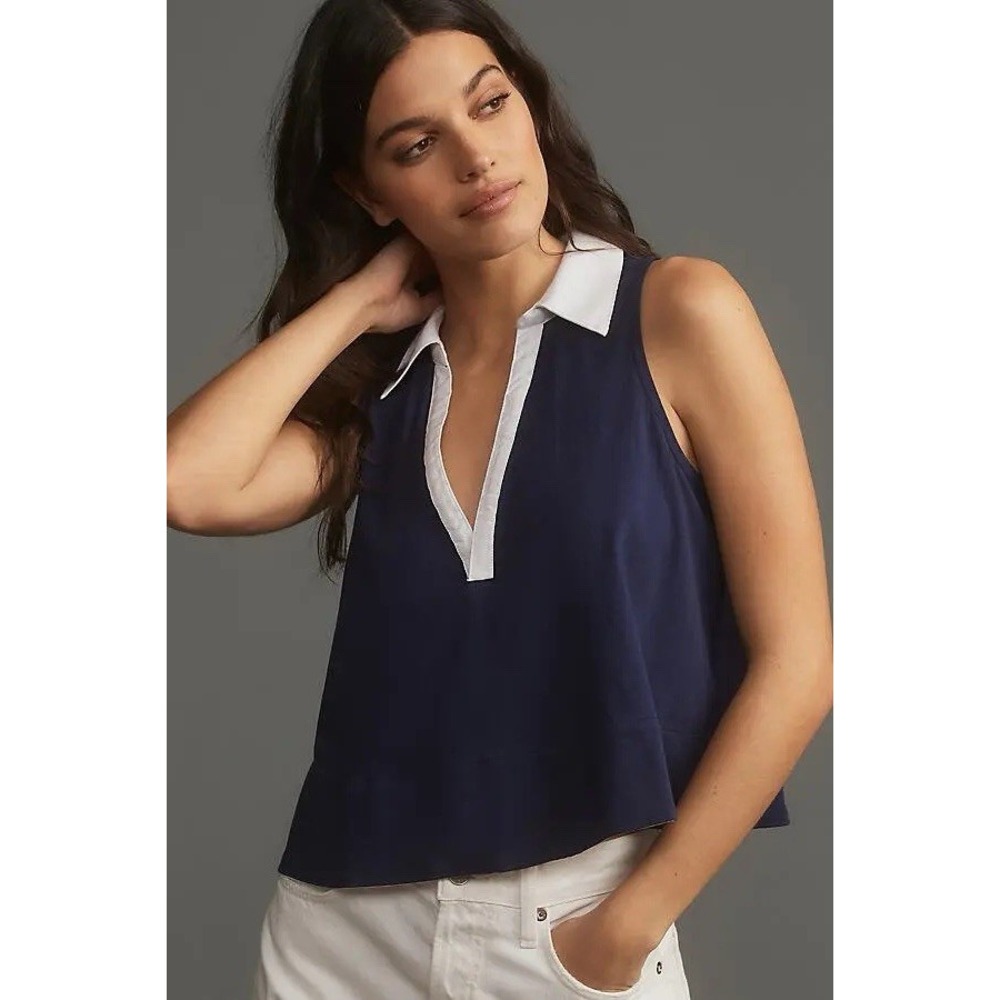 Mauve Womens Sleeveless‎ Navy Blue Popover Top L Preppy Nautical Loose Tank